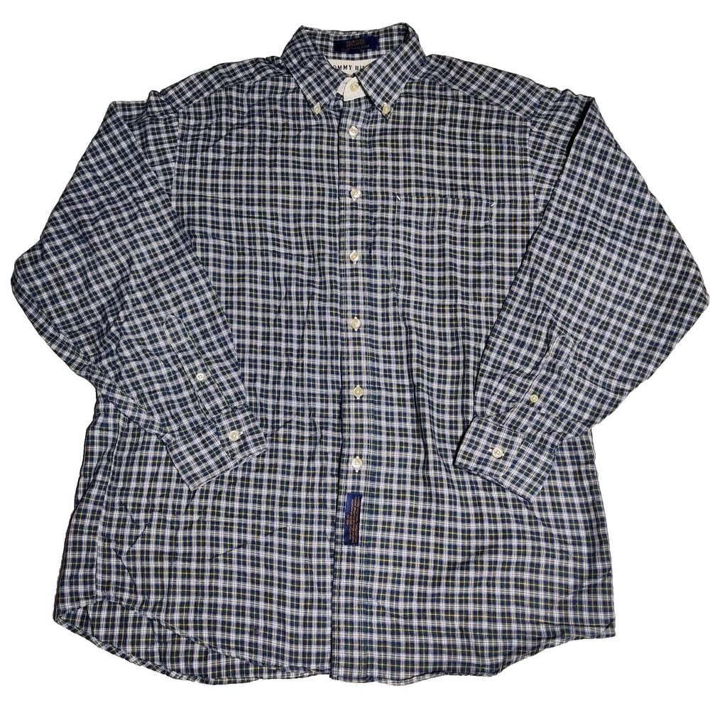 TOMMY HILFIGER CLUB TWILL Men 15.5-34 Blue Plaid Long Sleeve Cotton Shirt